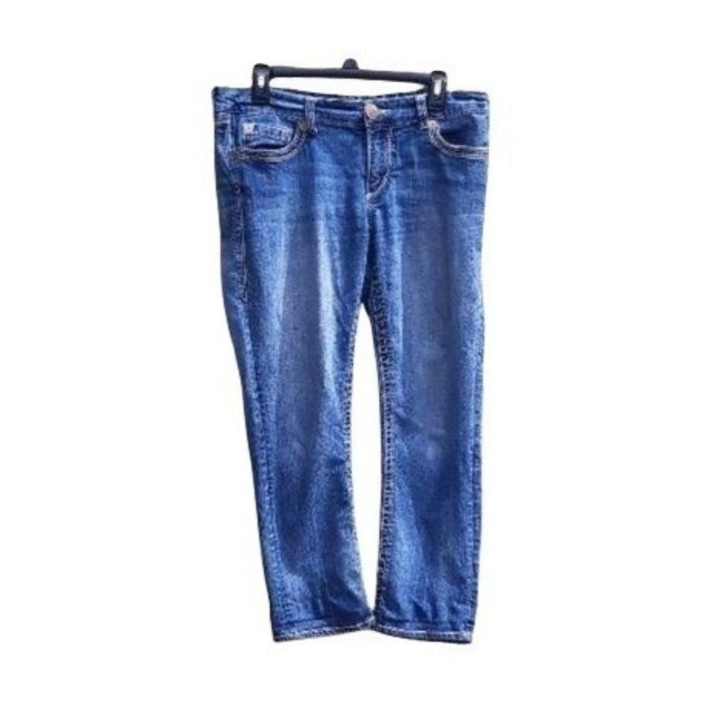 Seven7 Womens Jeans Size 12 Blue Mid‎ Rise Straight Legged Embroidered Pockets